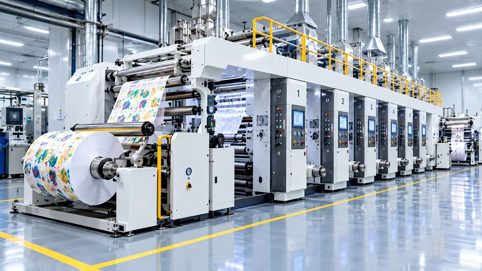 Flexible packaging printing and lamination production line for custom packaging manufacturing