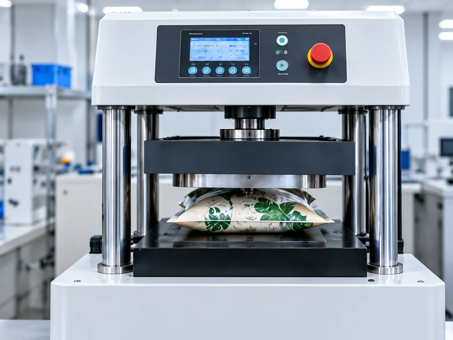 Compression testing equipment evaluating pressure resistance and durability of flexible packaging