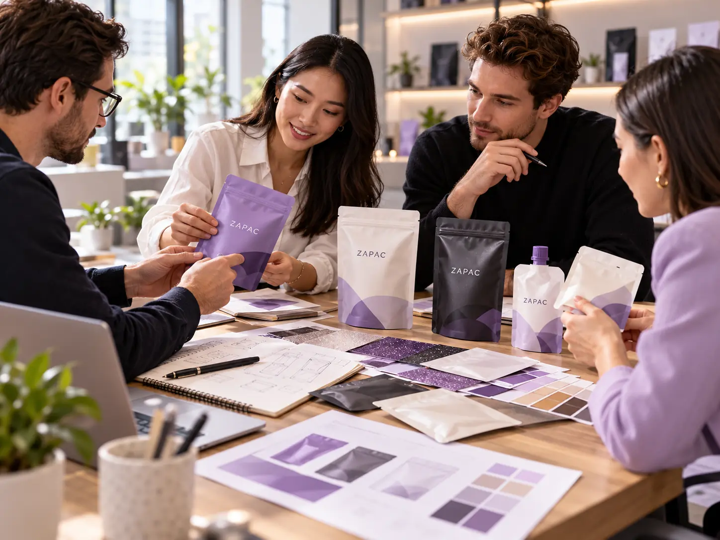 ZAPAC team reviewing custom flexible packaging samples and design details