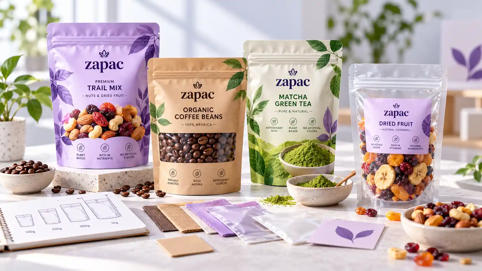 Stand up pouch options with different sizes, materials and product applications