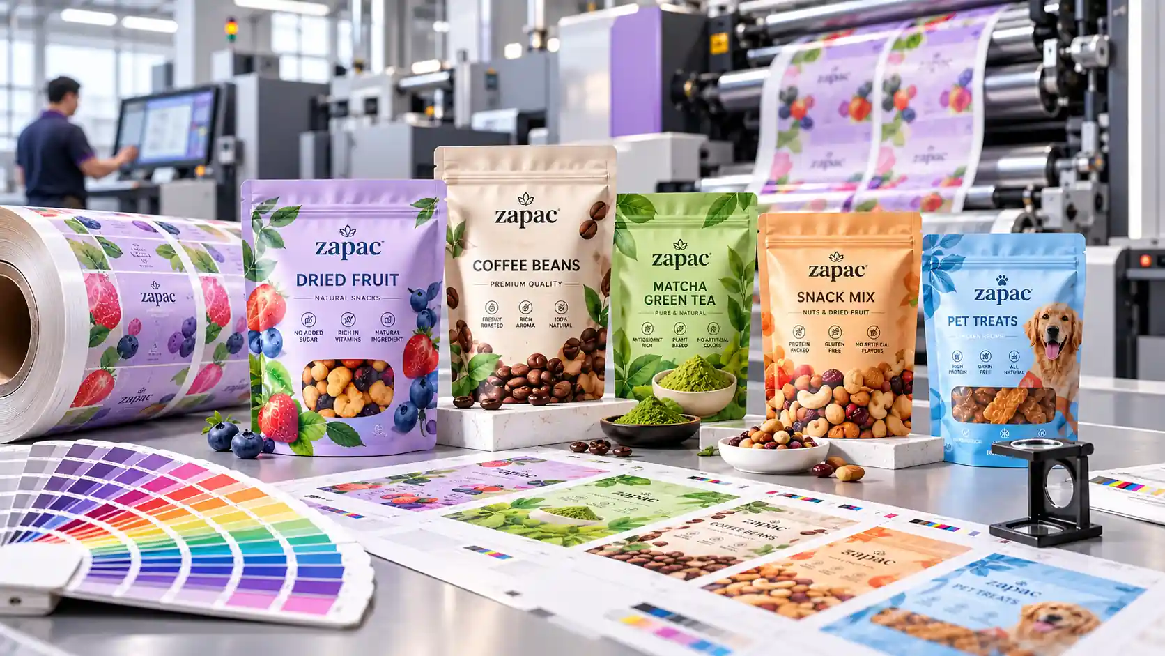 Flexible packaging printing production with printed film and custom pouches