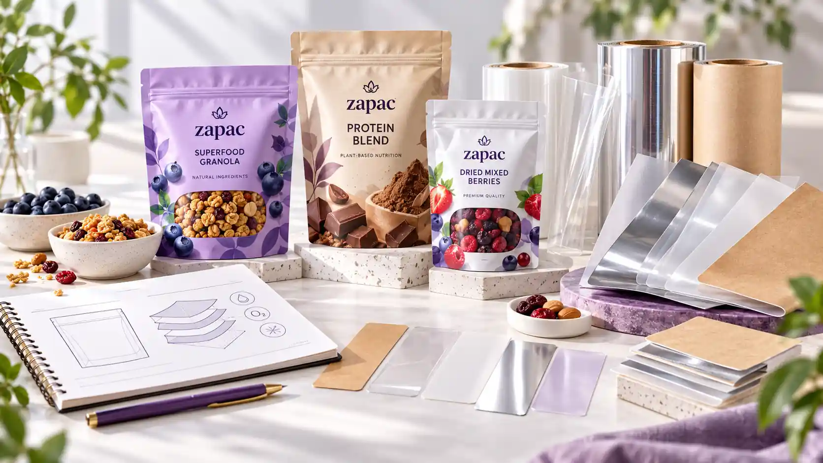Flexible packaging material samples including plastic film, metallized film and kraft structures