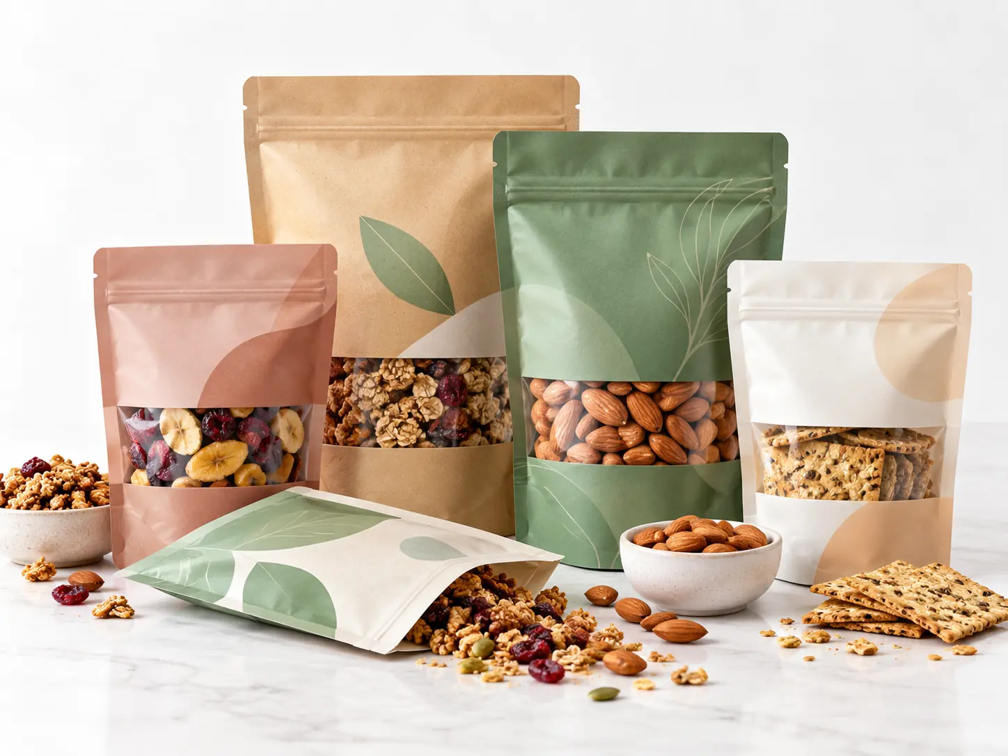 Flexible packaging for food and snack products including nuts, granola and crackers