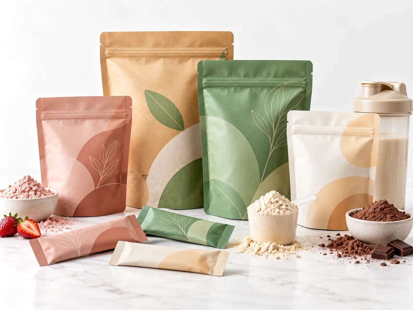 Flexible packaging for powders and supplements with multiple pouch sizes