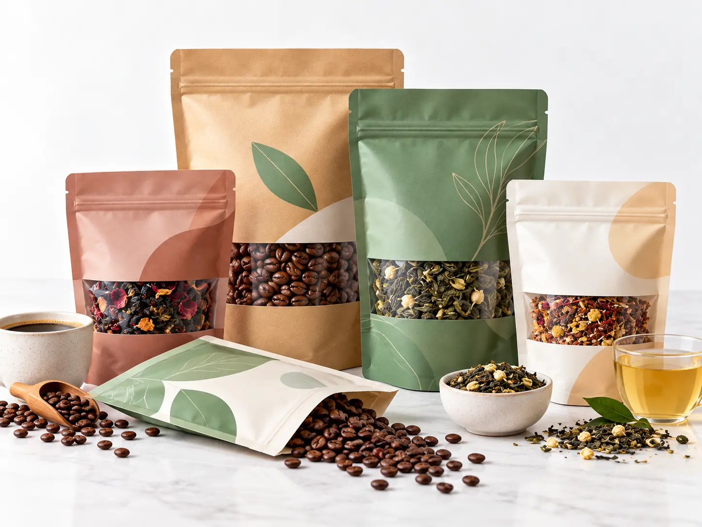 Flexible packaging for coffee and tea with resealable pouch formats