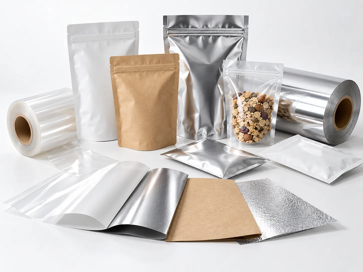 Flexible packaging material options including clear film, white film, metallized film, aluminum foil and kraft laminate