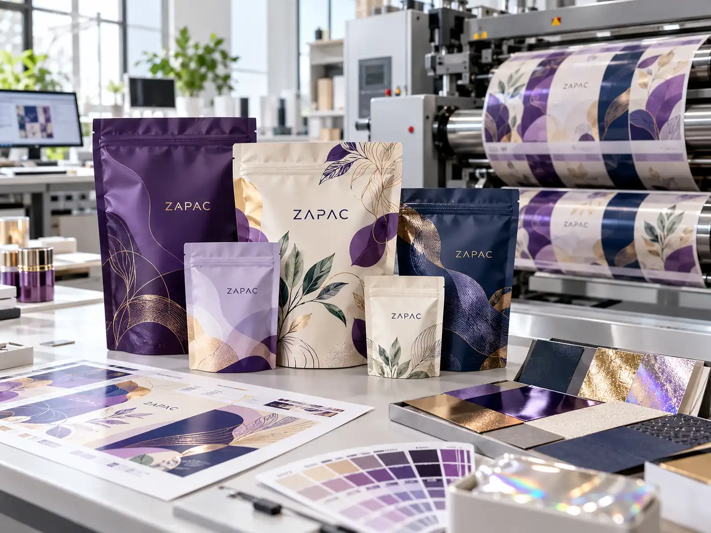 Custom flexible packaging printing and finishing with printed pouches, color samples and production equipment