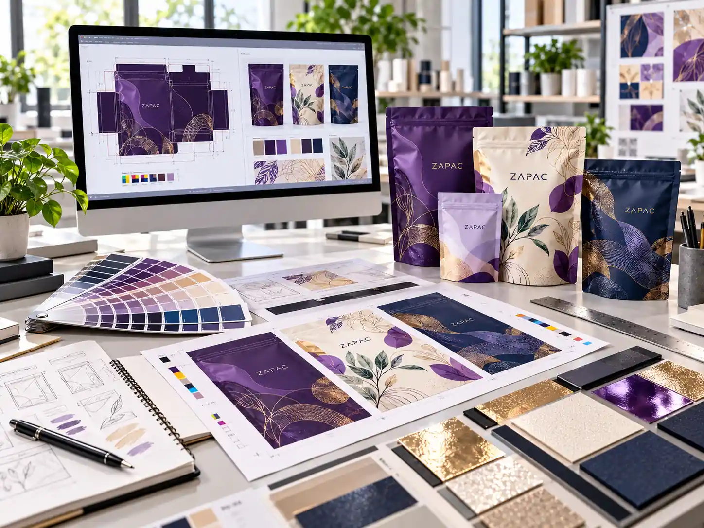 Packaging artwork and color preparation with pouch design files, color swatches and printed samples