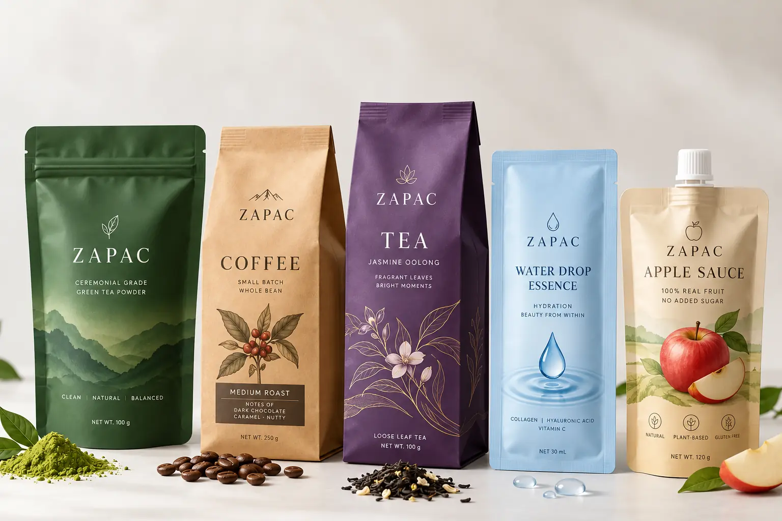 Flexible packaging formats including stand-up pouches, side-gusset bags, flat pouches, and spout pouches