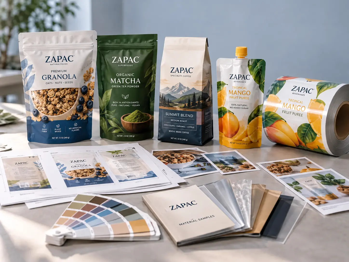 Custom flexible packaging artwork, reference packs, material samples, and printed film