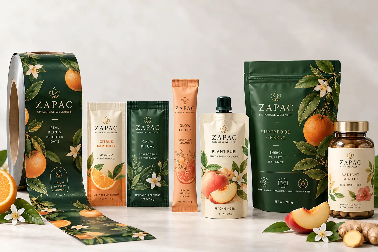 Custom packaging formats including printed rollstock, sachets, stick packs, pouches, and containers