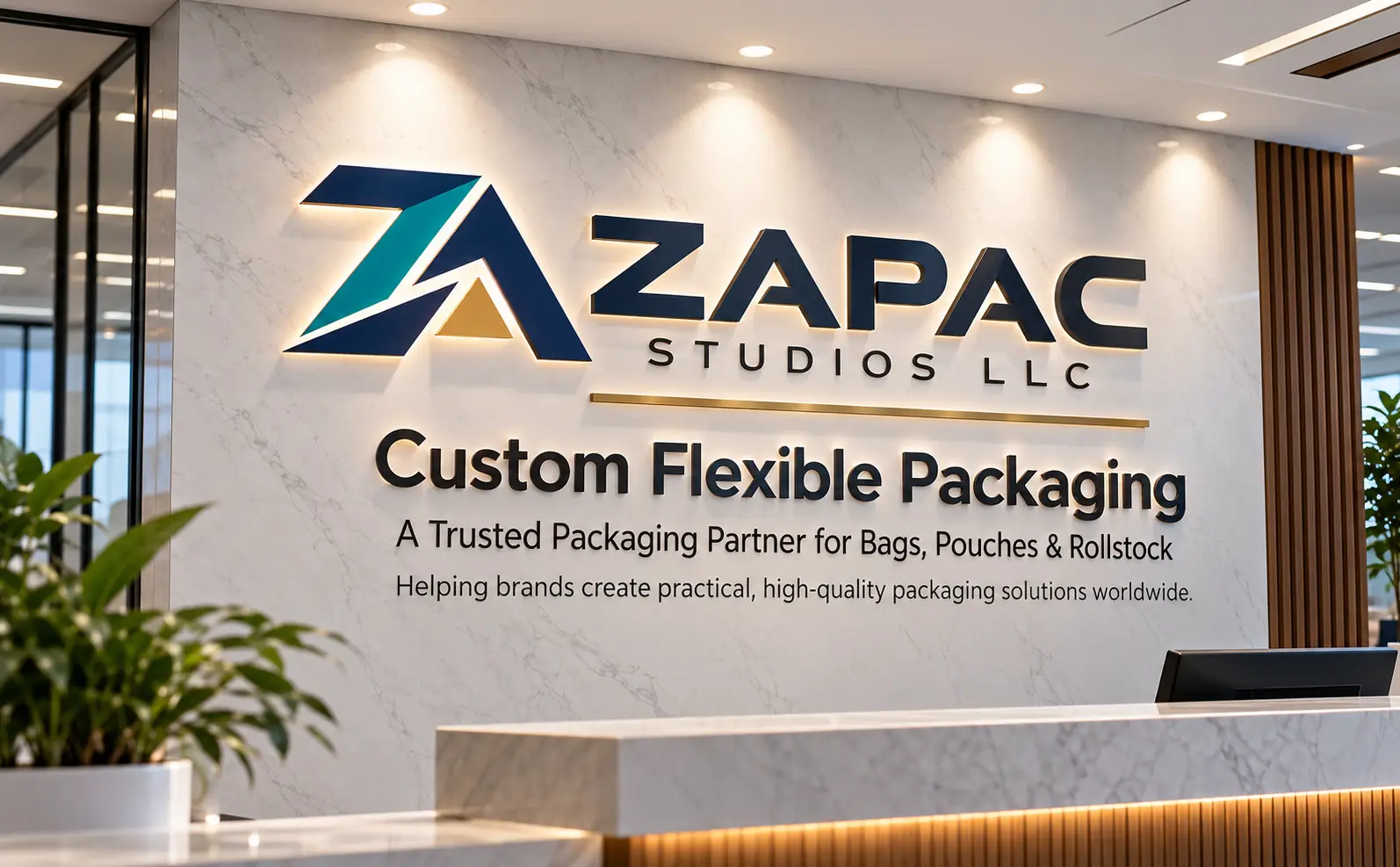 ZAPAC Studios LLC custom flexible packaging office and brand wall