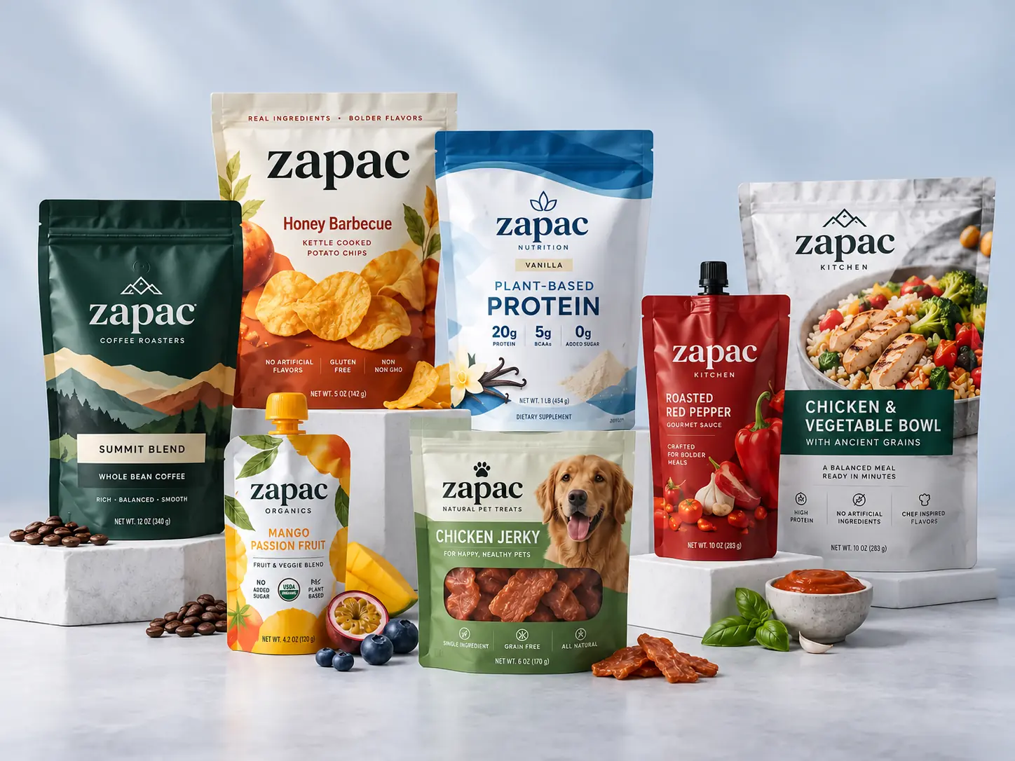 Custom flexible packaging for coffee, snacks, protein powder, sauces, pet treats, and ready meals