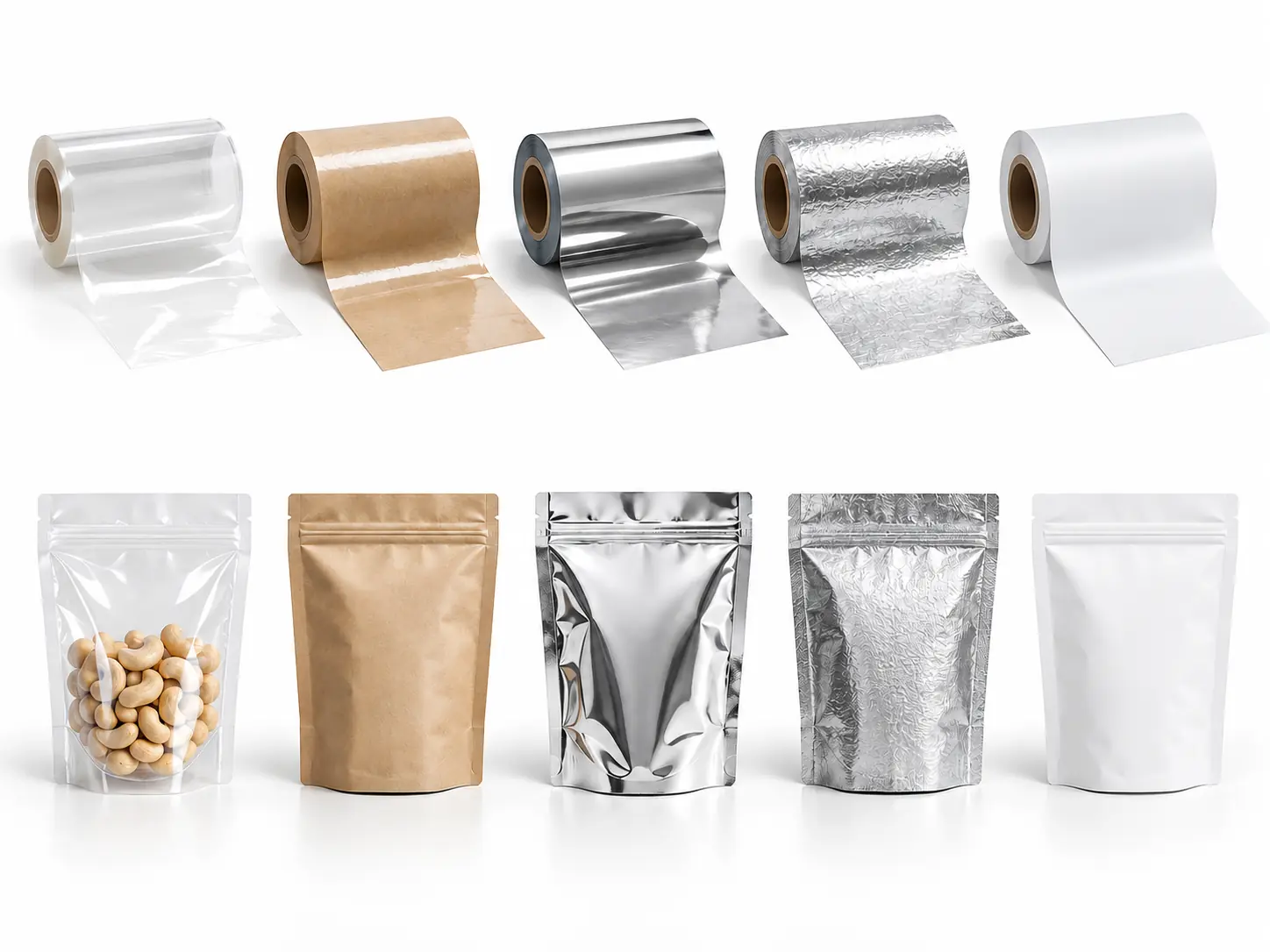 Flexible packaging material structures with clear, kraft, metallized, aluminum foil and white laminate films