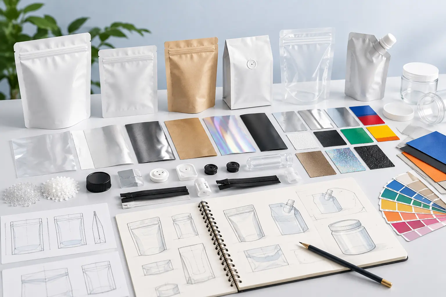Packaging knowledge center showing pouch formats, material samples, closures, color swatches, and packaging structure sketches