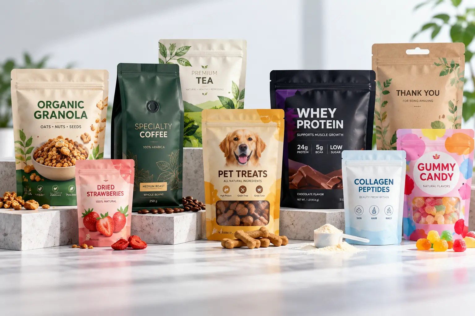 Flexible packaging applications for food, coffee, tea, pet treats, supplements, candy and retail products