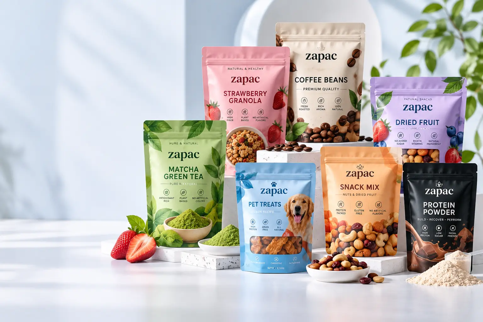 Custom stand up pouches for food, snacks, coffee, pet treats and retail packaging