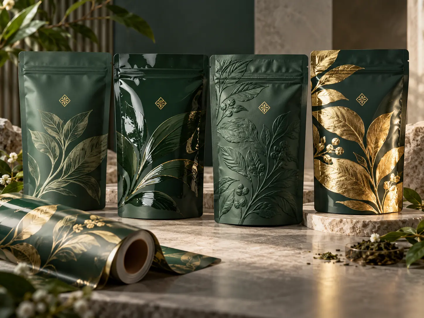 Custom printed flexible packaging with matte, gloss, embossed, and metallic foil finishing effects