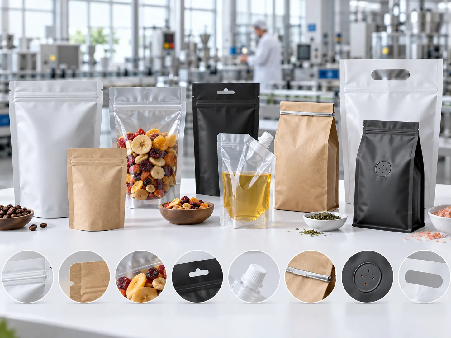 Flexible packaging features including zippers, spouts, valves, hang holes, windows, and closure options