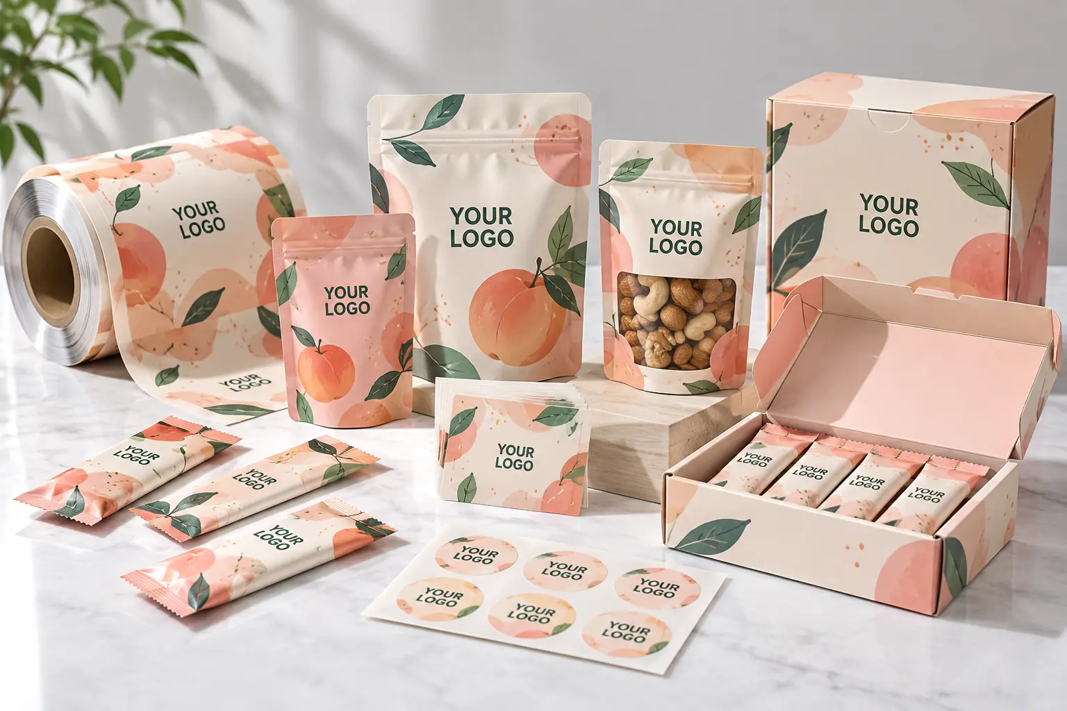 Custom combination packaging system with pouches, printed rollstock, boxes, sachets, labels, and coordinated branding