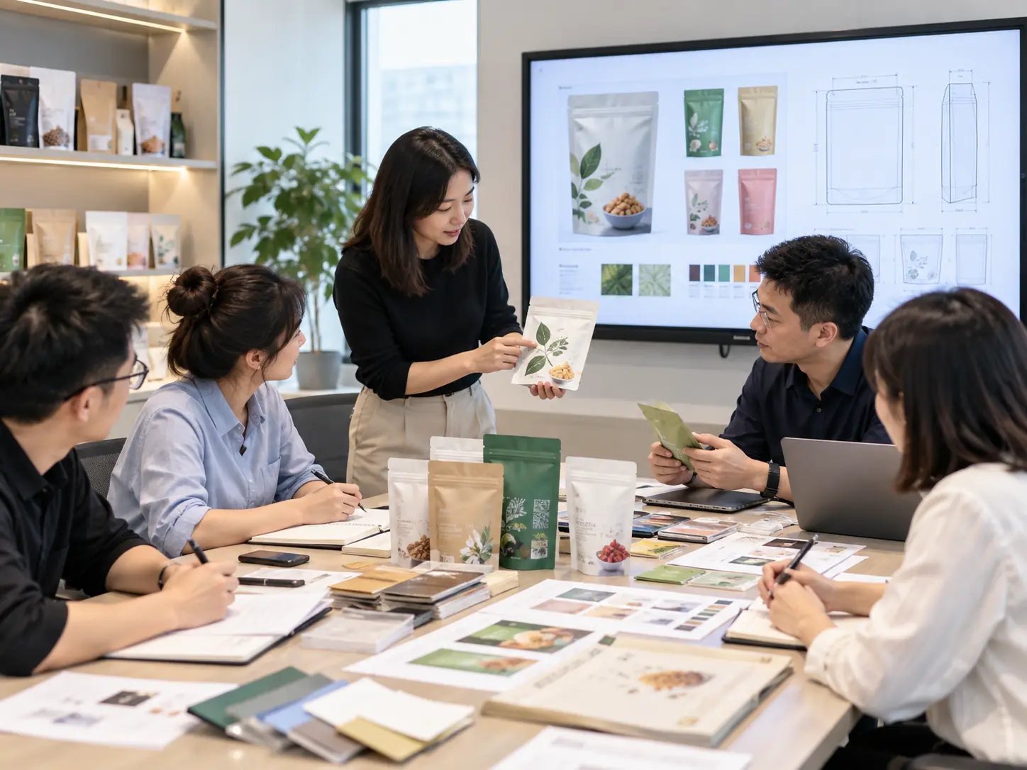 Packaging project team reviewing pouch artwork, material samples, dimensions, and custom packaging details