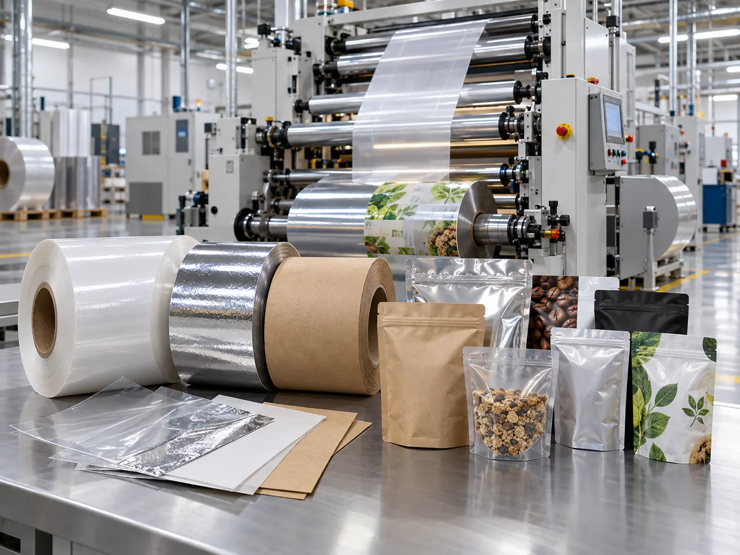 Flexible packaging materials including barrier films, laminated rollstock, kraft paper, and finished pouches