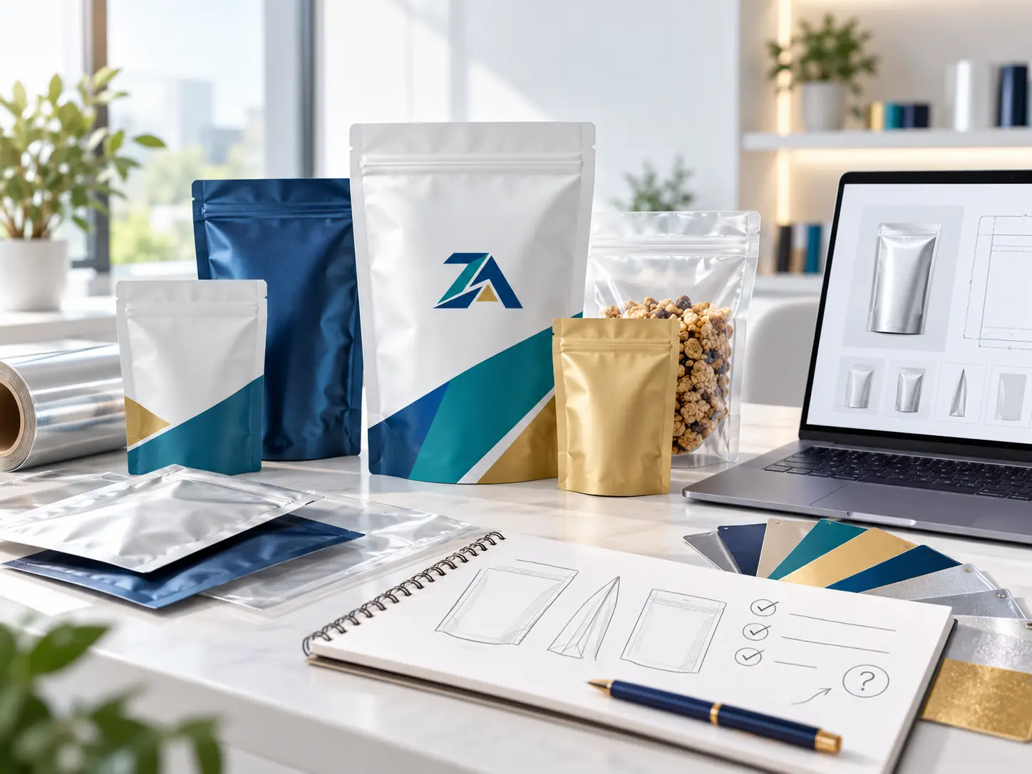 Flexible packaging FAQ with pouch samples, material swatches, packaging artwork and design references