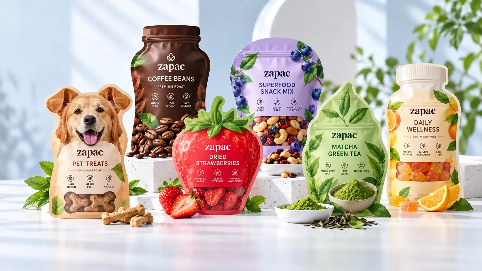 Custom die cut pouches in multiple shapes for food, pet treats, coffee, supplements and retail packaging