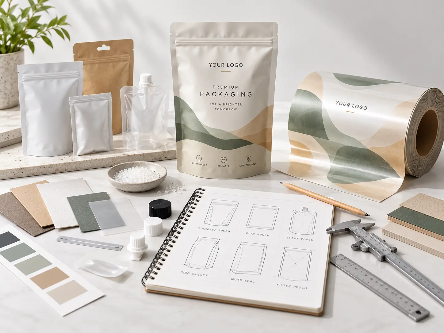 Custom packaging project brief with pouch samples, printed rollstock, material swatches, closures, and packaging structure sketches